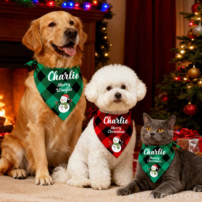 Personalized Pet Lover Santa Claus Snowman Soft Plaid Pet Bandana with Pet Name and Text