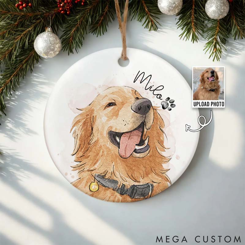 Personalized Pet Lover Watercolor Photo Pet Portrait Christmas Ornament