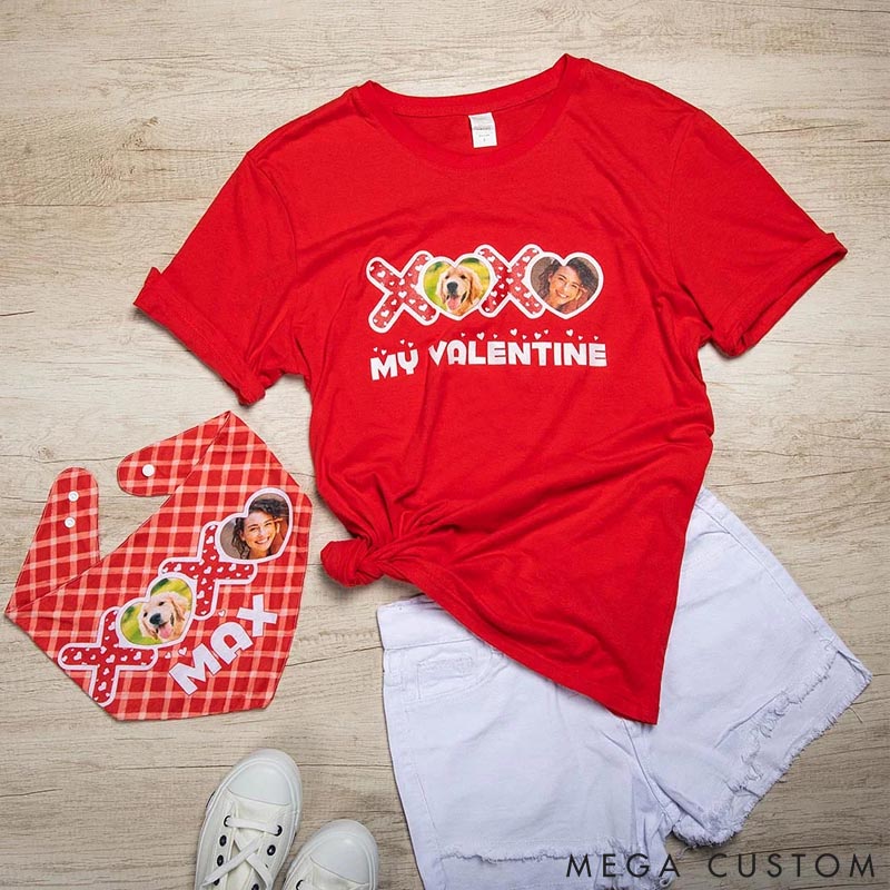 Personalized Pet Lover XOXO My Valentine Photo Name Dog Cat Plaid Bandana Matching Adult T-shirt