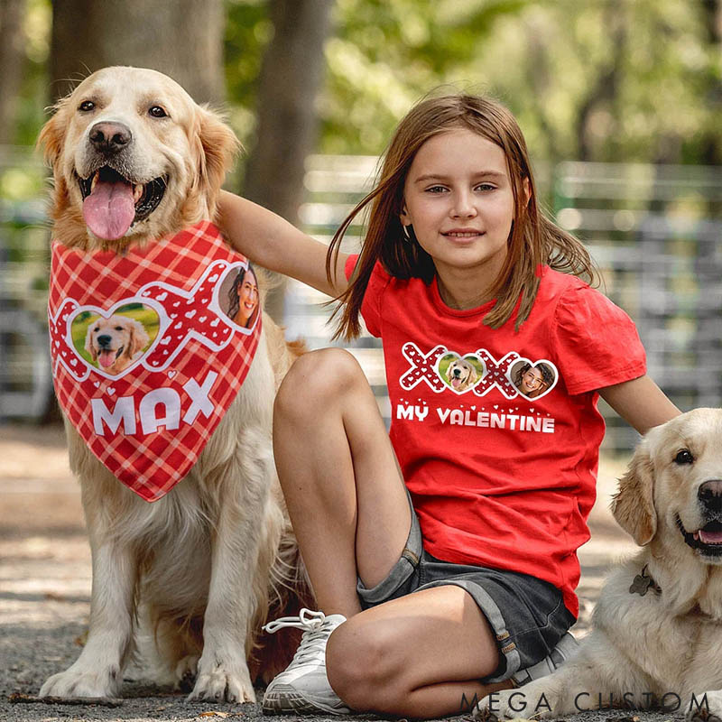 Personalized Pet Lover XOXO My Valentine Photo Name Dog Cat Plaid Bandana Matching Adult T-shirt