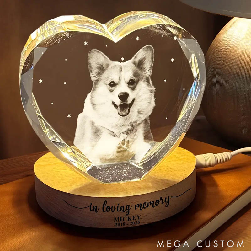 Personalized Photo Forever Loved Memorial Dog Cat Crystal Heart Shaped Lamp Gifts For Pet Lover For Dog Lover