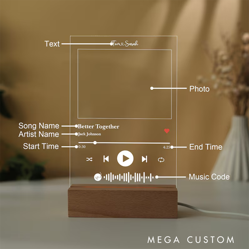 Personalized Photo Music Plaque and Custom Song Acrylic Night Light and Personalized Album Cover Night Lamp and LED Bedside Lamp and Music Lover Gift