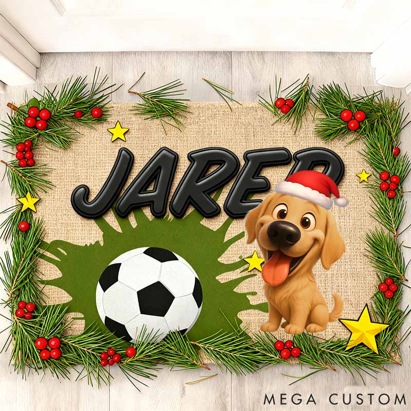 Personalized Soccer Dog Lover Merry Woofmas Christmas Doormat