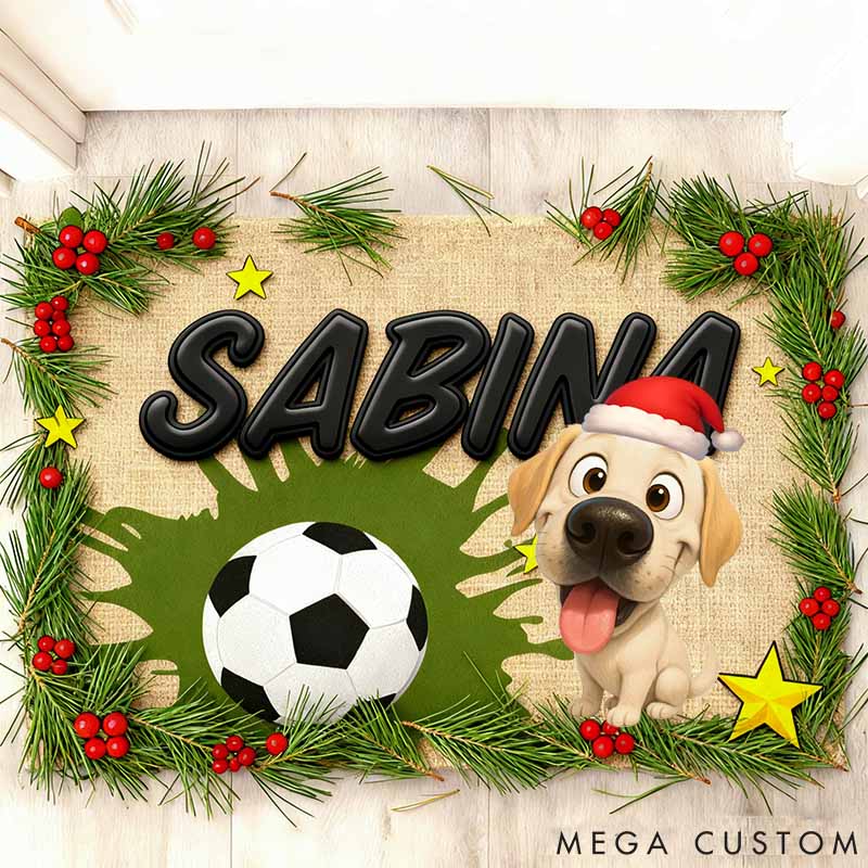 Personalized Soccer Dog Lover Merry Woofmas Christmas Doormat