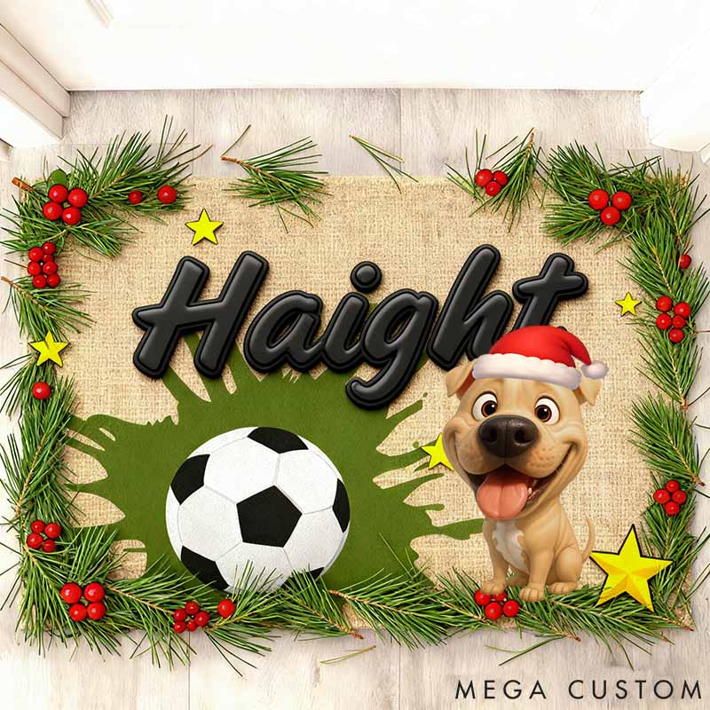 Personalized Soccer Dog Lover Merry Woofmas Christmas Doormat