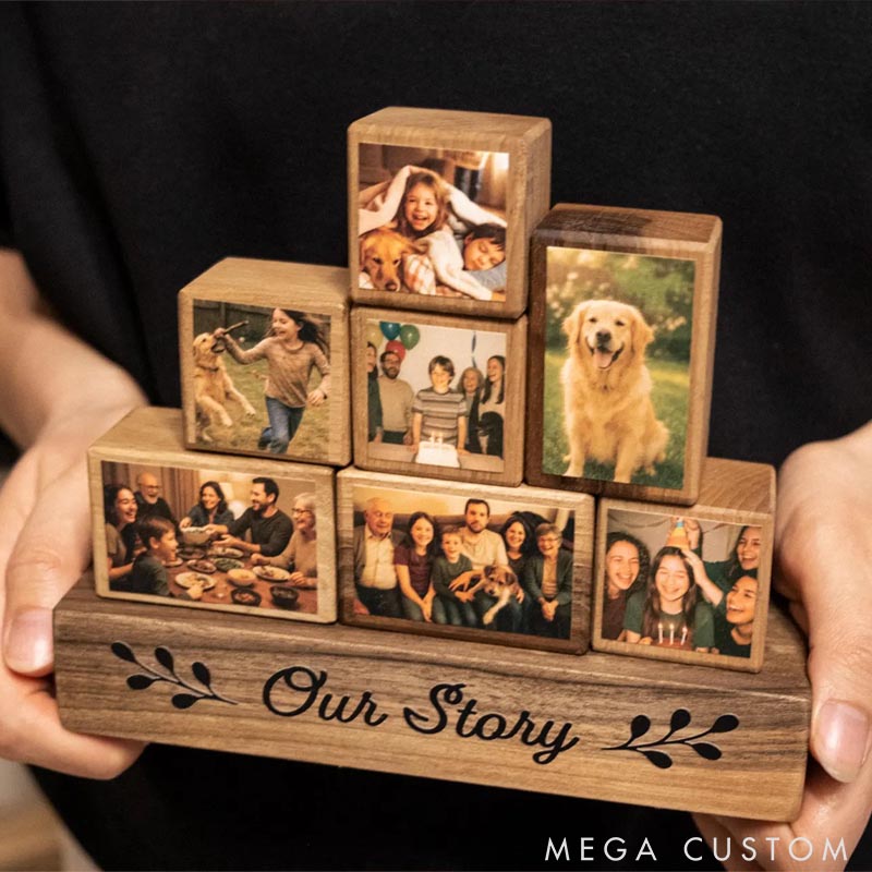 Personalized Wooden Photo Blocks Collage Stackable Wood Photo Block Set Family Pet Lover Gift
