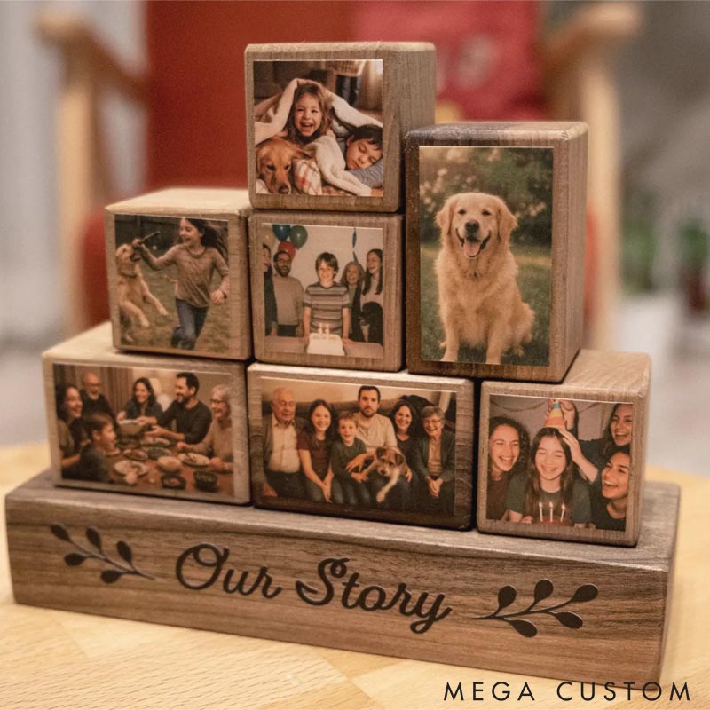 Personalized Wooden Photo Blocks Collage Stackable Wood Photo Block Set Family Pet Lover Gift
