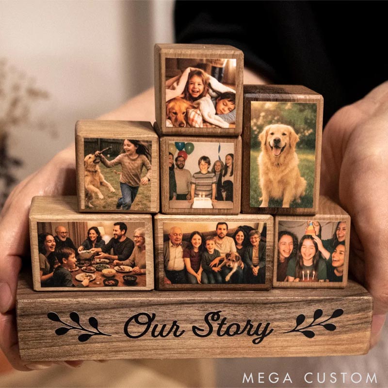 Personalized Wooden Photo Blocks Collage Stackable Wood Photo Block Set Family Pet Lover Gift