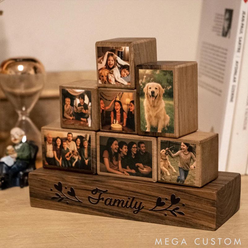 Personalized Wooden Photo Blocks Collage Stackable Wood Photo Block Set Family Pet Lover Gift