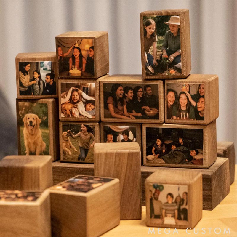 Personalized Wooden Photo Blocks Collage Stackable Wood Photo Block Set Family Pet Lover Gift
