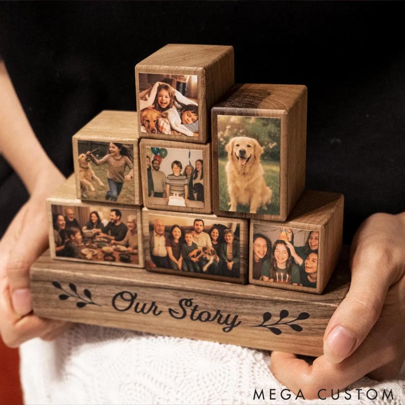 Personalized Wooden Photo Blocks Collage Stackable Wood Photo Block Set Family Pet Lover Gift