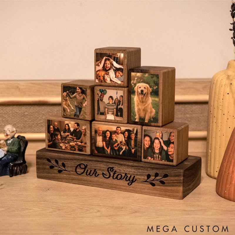 Personalized Wooden Photo Blocks Collage Stackable Wood Photo Block Set Family Pet Lover Gift