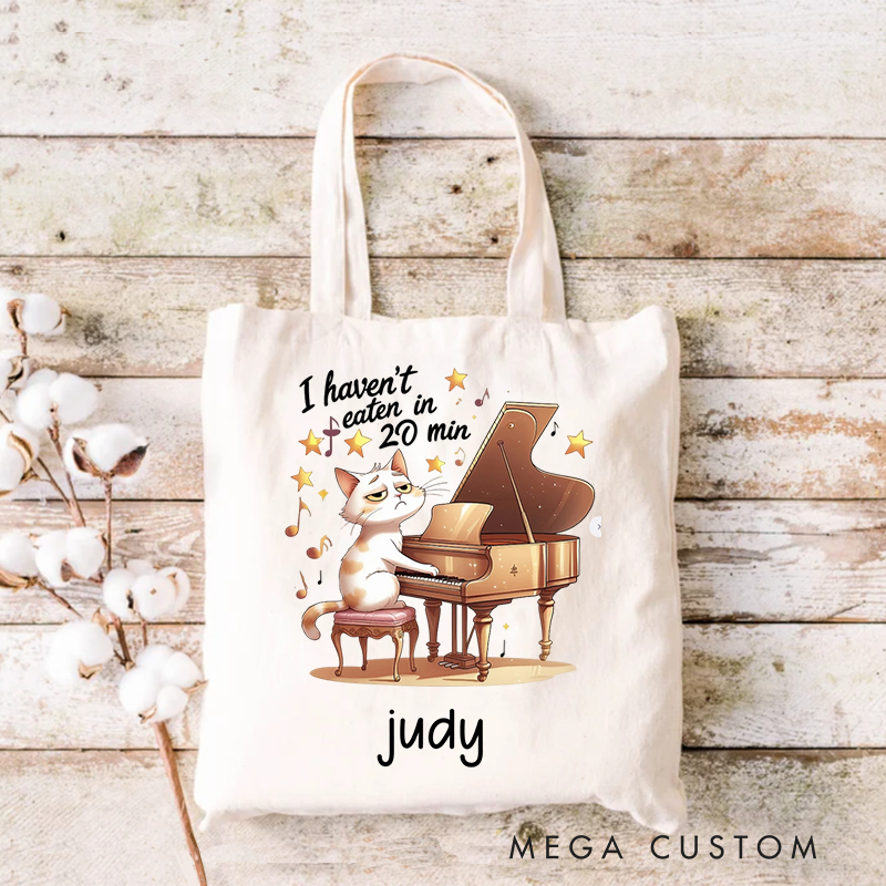Personalized Your Name Bag Tote Bag Piano Cat Tote Bag Music and Cat Themed Gift Tote Bag Piano Lesson Piano Teacher Gift Piano Student