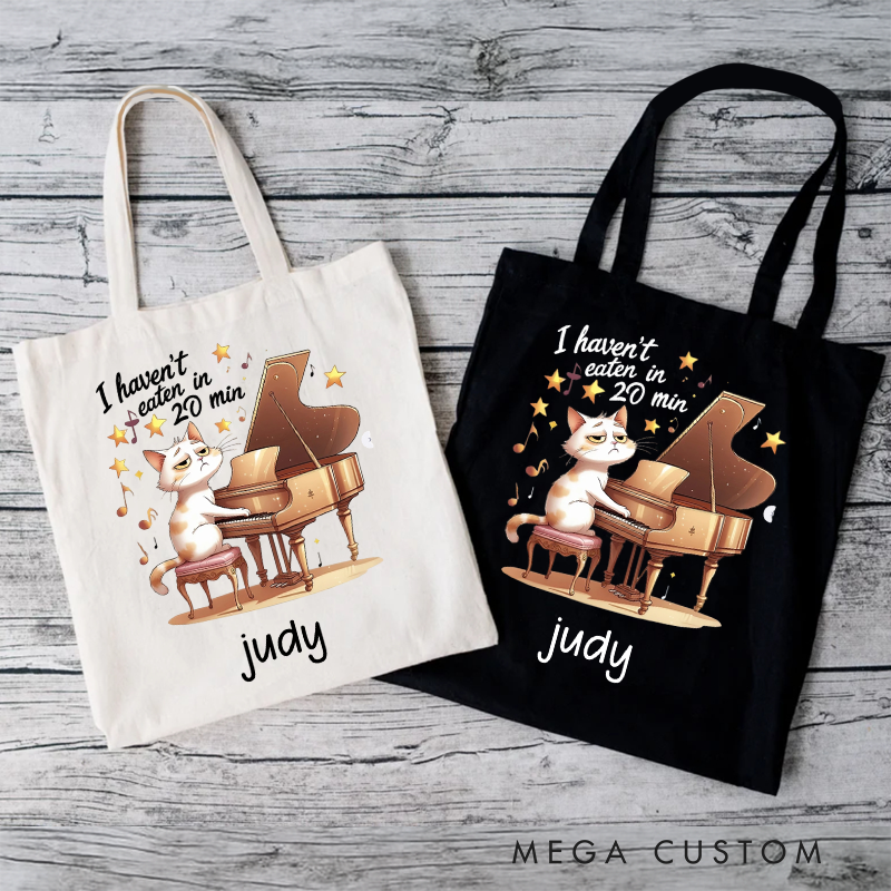 Personalized Your Name Bag Tote Bag Piano Cat Tote Bag Music and Cat Themed Gift Tote Bag Piano Lesson Piano Teacher Gift Piano Student