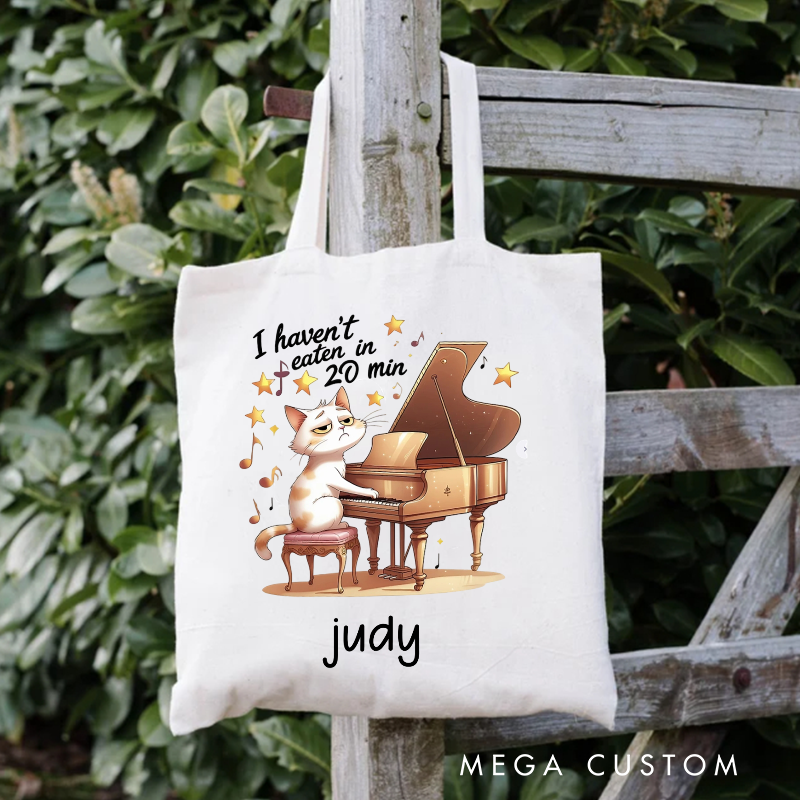 Personalized Your Name Bag Tote Bag Piano Cat Tote Bag Music and Cat Themed Gift Tote Bag Piano Lesson Piano Teacher Gift Piano Student