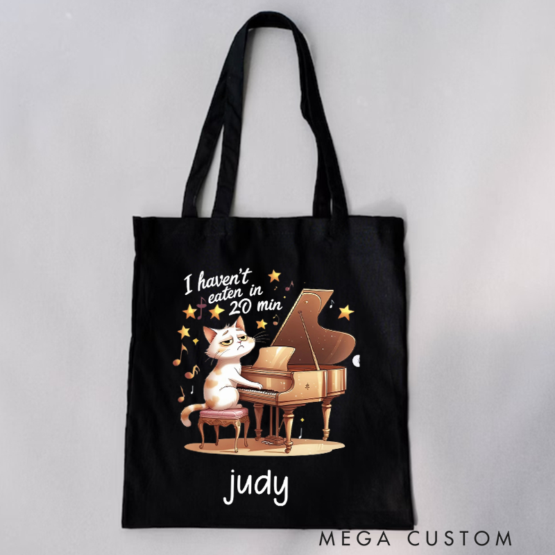 Personalized Your Name Bag Tote Bag Piano Cat Tote Bag Music and Cat Themed Gift Tote Bag Piano Lesson Piano Teacher Gift Piano Student