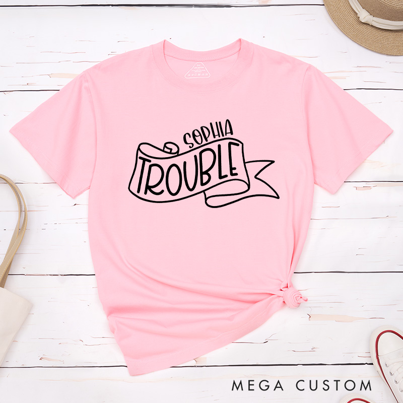 Personalized Couple Double Trouble Matching T-Shirt with Name Valentine's Day T-Shirt for Husband Wife Boyfriend Girlfriend for Hubby Wifey