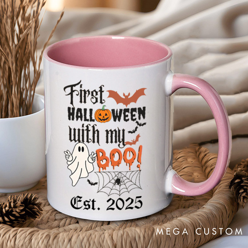 Personalized First Halloween with My Boo Ghost and Pumpkin Two Tone Color Couple Mugs 