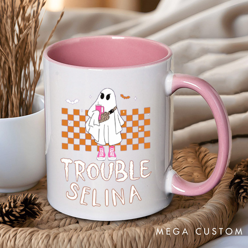 Personalized Where I Go Trouble Follows Ghost with Checkered Background Couple Mugs 