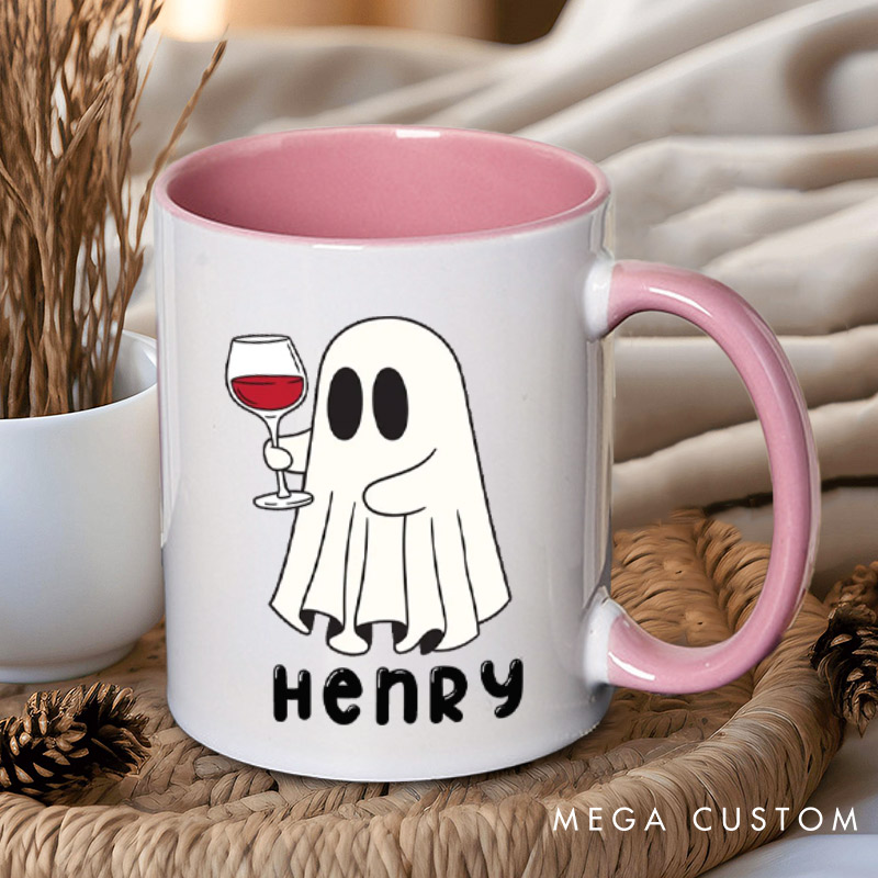 Personalized Cute Couple Ghosts with Wine Glasses Halloween Couple Mugs 