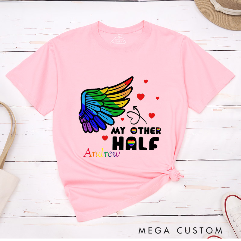 Personalized My Other Half Rainbow Wings Couple T-Shirts LGBTQ Matching Shirts for her him Pride Lesbian Gay Couple Tees