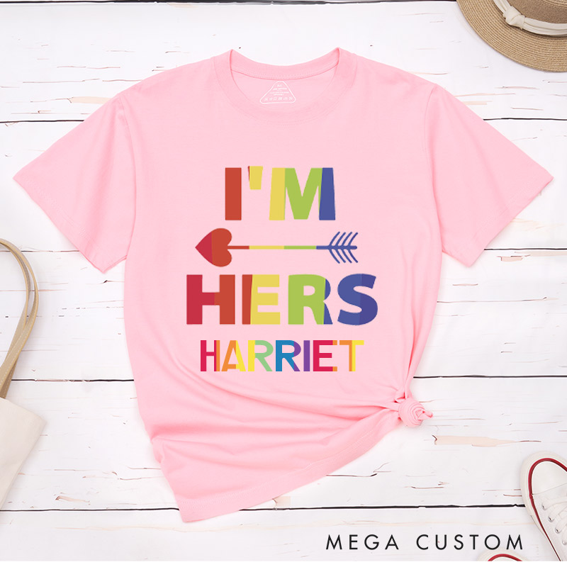 Personalized She's Mine I'm Hers LGBTQ Rainbow Love T-Shirts Lesbian Matching Shirts for Her Pride Couple Tee