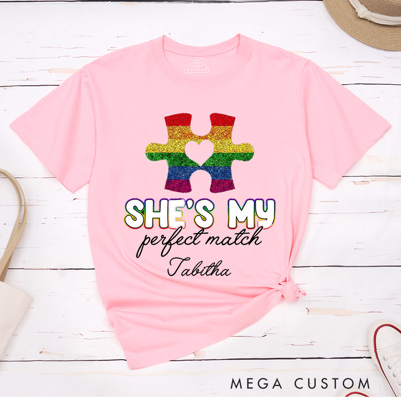 Personalized She's My Perfect Match Puzzle Piece Pride T-Shirts LGBTQ Lesbian Matching Couple Shirt Lesbian Wife Girlfriend Tees