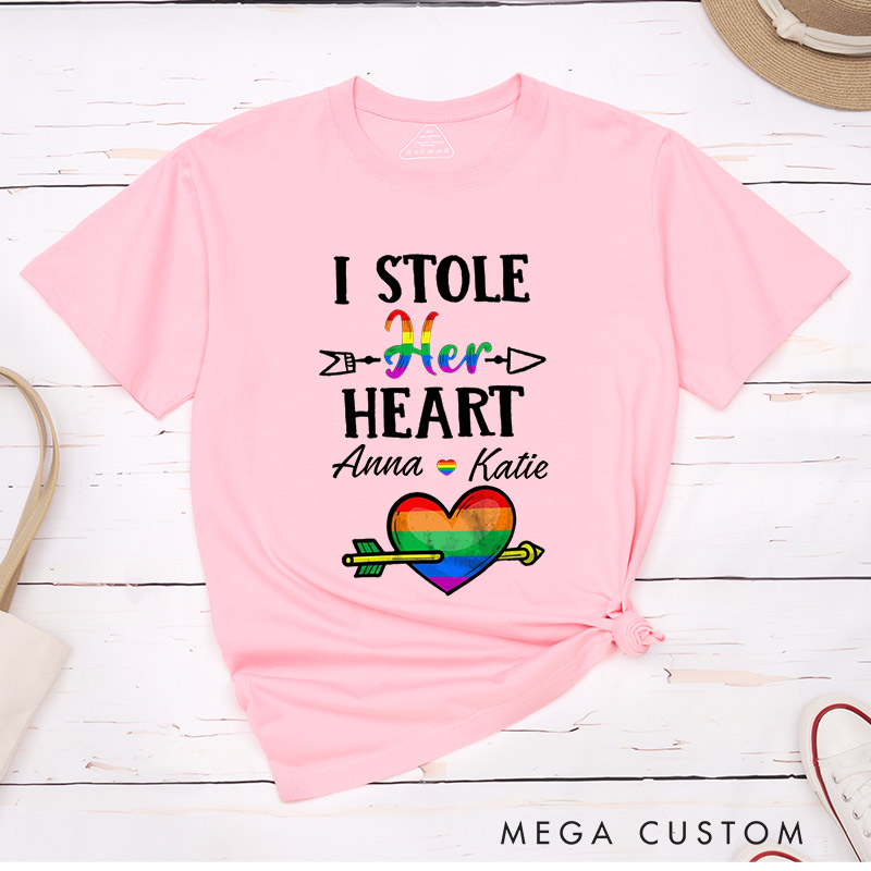 Personalized I Stole Her Heart I'm Stealing Her Last Name Pride Couple T-Shirts LGBTQ Lesbian Matching Couple Shirt Lesbian Wife Tee