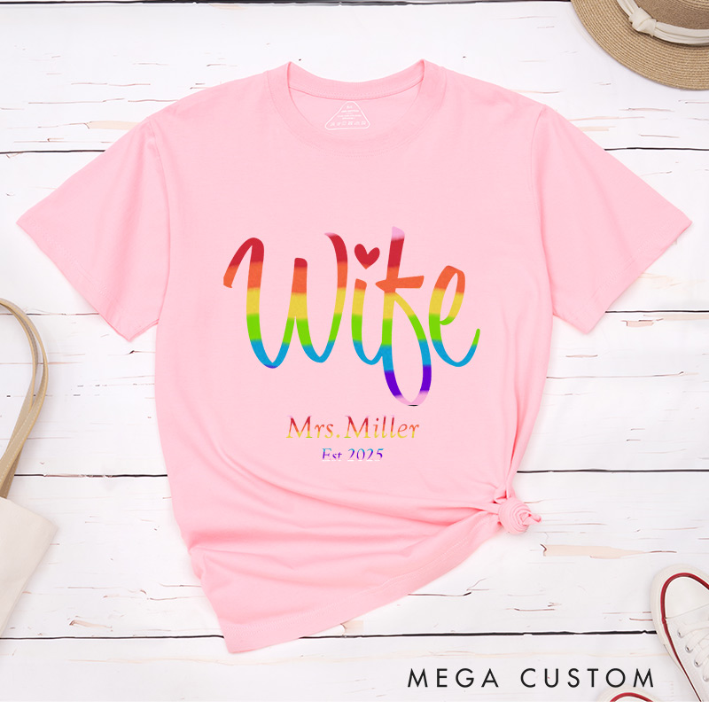 Personalized Wifey and Wife Rainbow Couple T-Shirts LGBTQA+ Lesbian Couple Shirt for Her Pride Lesbian Matching Tee