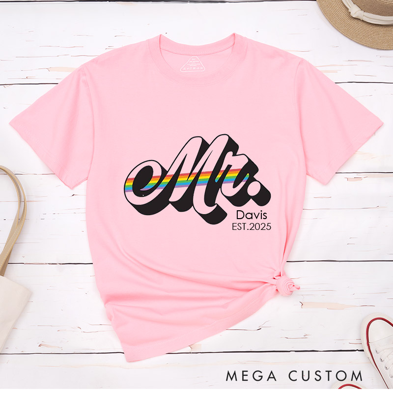 Personalized Mr and Mr Rainbow Couple T-Shirts LGBTQA+ Gay Matching Shirt for Him Pride Month LGBTQ Couple Tee for Gay