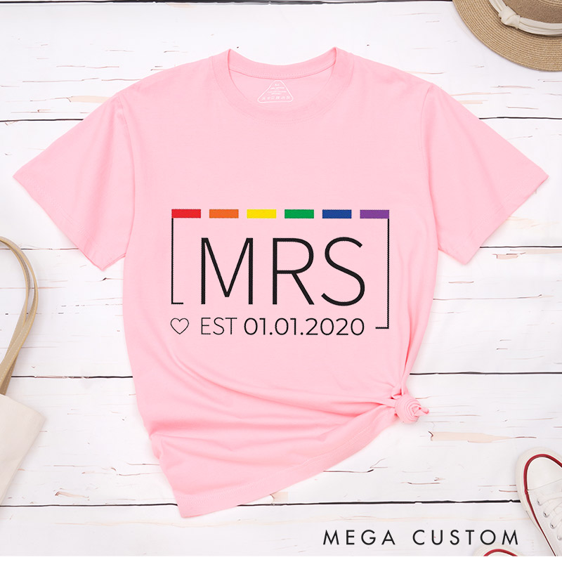 Personalized Mrs and Mrs Rainbow Couple t-Shirts LGBTQ Couple Matching Shirt for Her Lesbian Anniversary Tee