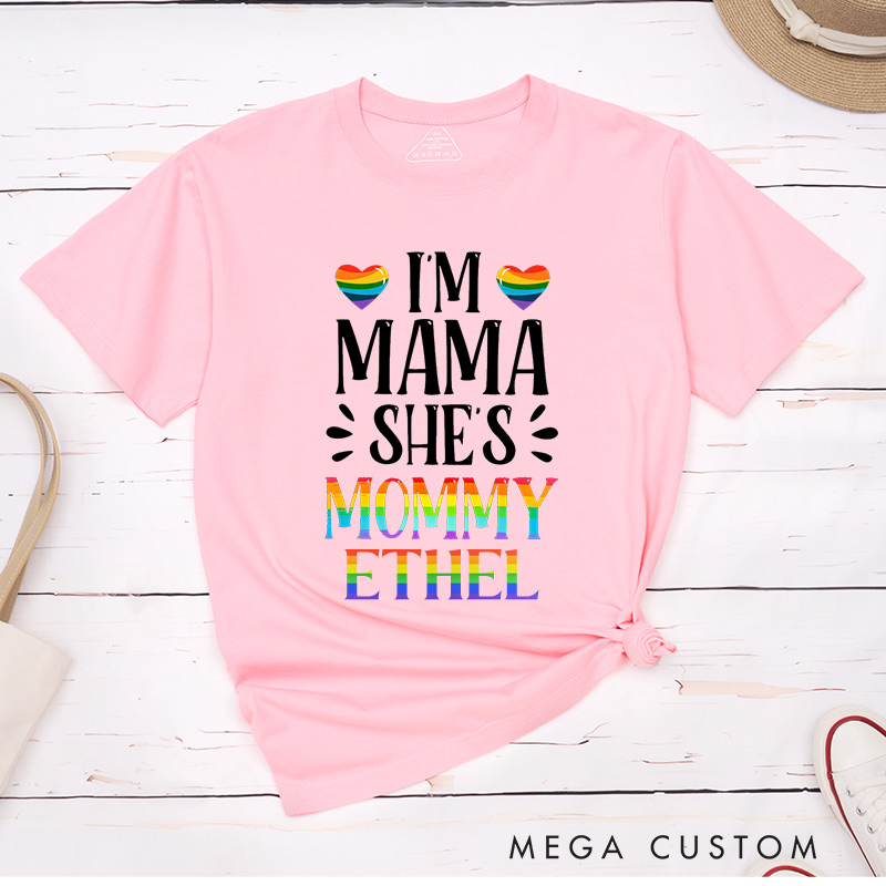 Personalized Mama and Mommy Rainbow Couple T-Shirts LGBTQ Lesbian Tee for Her LGBTQA+ Couple Matching Shirt