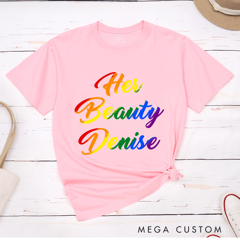 Personalized Her Beauty Her Beast Rainbow Couple T-Shirts LGBTQA+ Lesbian Matching Shirt LGBTQ Couple Matching Tee for Women