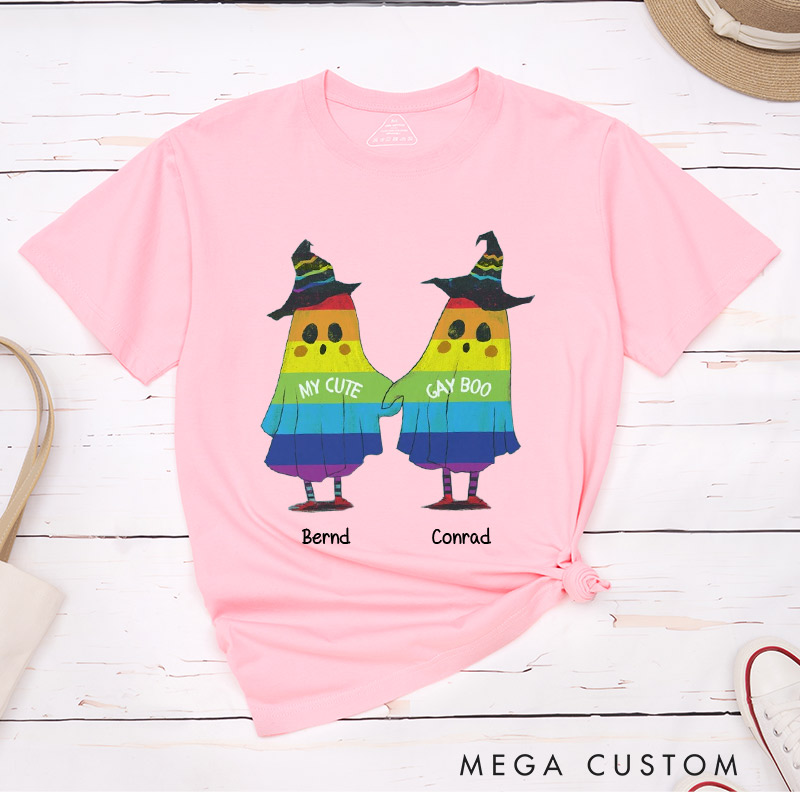 Personalized My Cute Boo Gay Boo Couple T-Shirts Funny Halloween LGBTQ Matching Shirt for Gay Couple Ghost Tee for Him