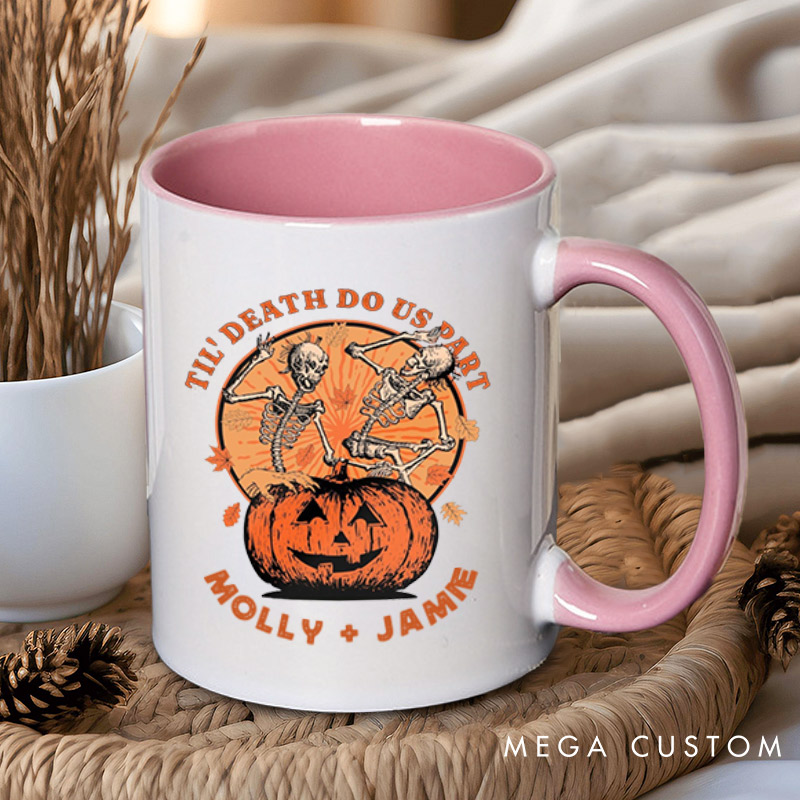 Personalized Til Death Do Us Part Pumpkin Skeleton Couple Halloween Couple Mugs 