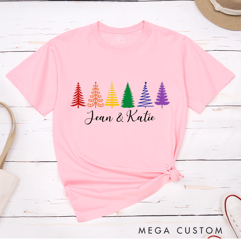 Personalized Rainbow Christmas Trees Couple T-Shirts LGBTQA+ Couple Matching Shirt Christmas Lesbian Gay Couple Shirt