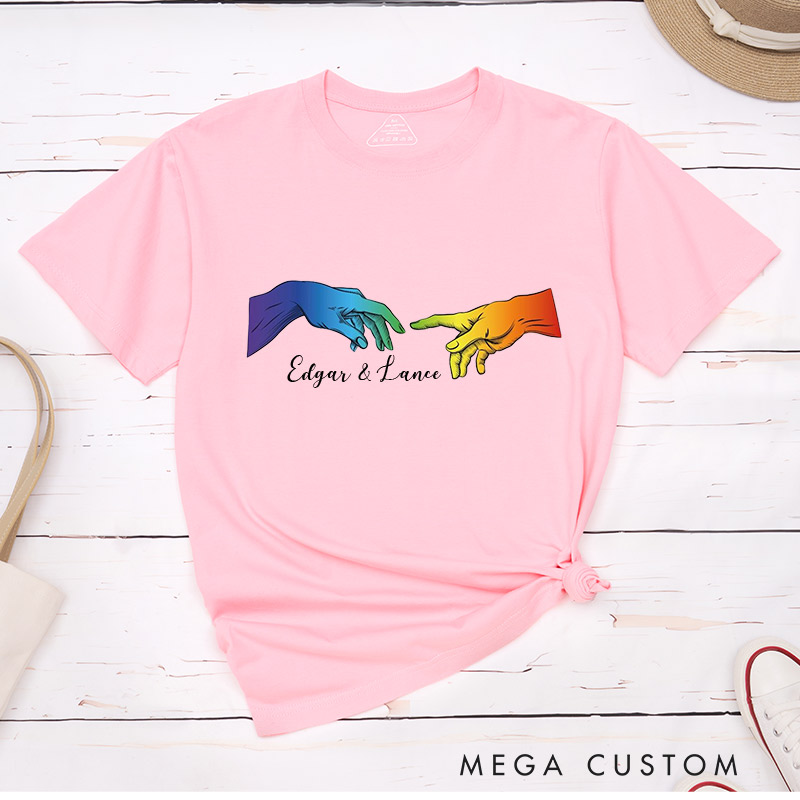 Personalized LGBTQA+ Rainbow Hands Couple T-Shirts LGBTQ Gay Couple Matching Shirt with Name Matching Tee for LGBTQA+