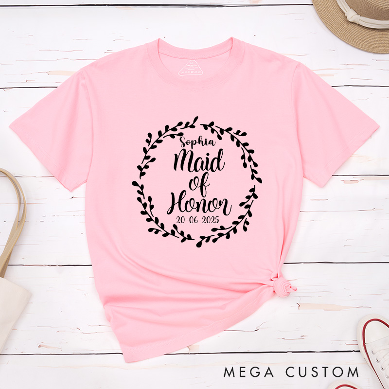 Personalized Bride with Wreath and Date Matching T-Shirt Bridesmaid T-Shirt Maid of Honor Wedding T-Shirt Bachelorette Party T-Shirt Hen Party Gift
