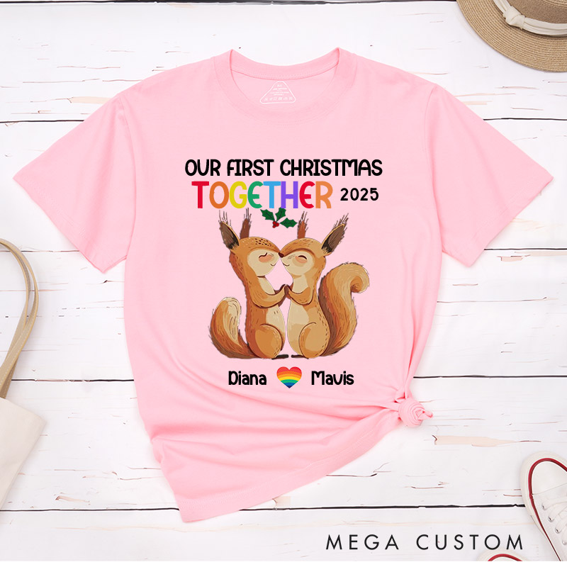 Personalized Our First Christmas Together Couple T-Shirts LGBTQA+ Gay Lesbian Couple Matching Shirt LGBTQ Couple Tee for Lesbian Gay