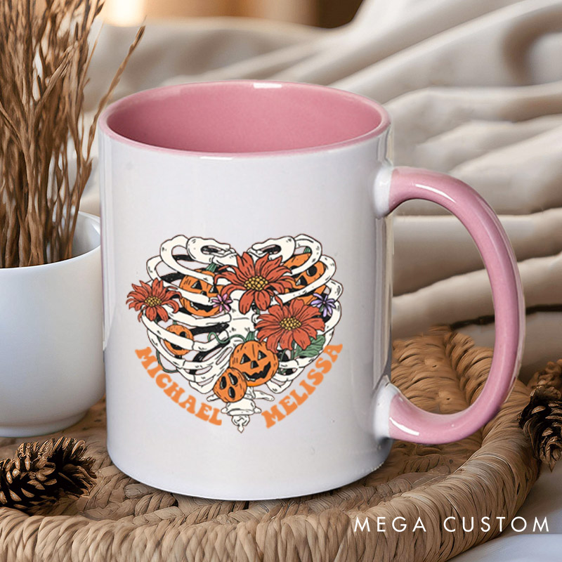 Personalized Floral Skeleton Ribcage with Pumpkins Halloween Couple Mugs