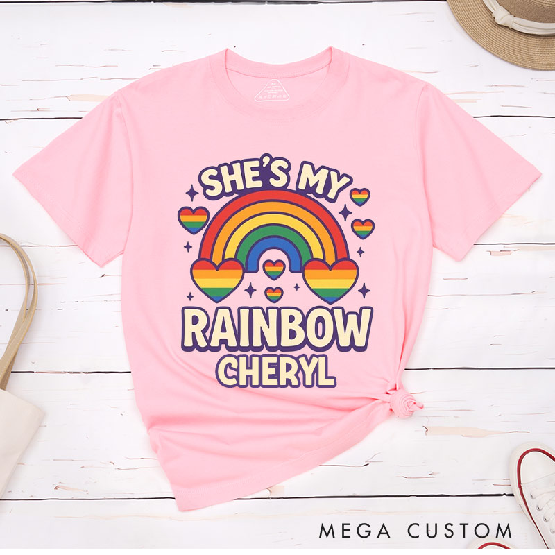 Personalized She's My Pride Rainbow Couple T-Shirts LGBTQ Rainbow Lesbian Matching Rainbow Couple Tee for Lesbian 
