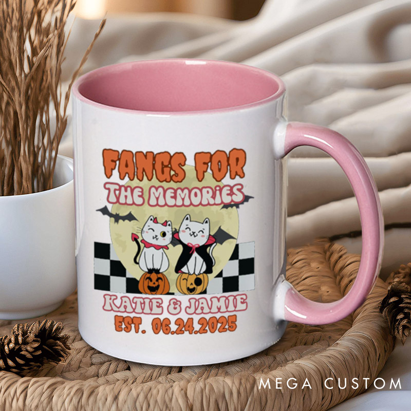 Personalized Love at First Bite and Fangs for the Memories Cat Couple Halloween Couple Mugs