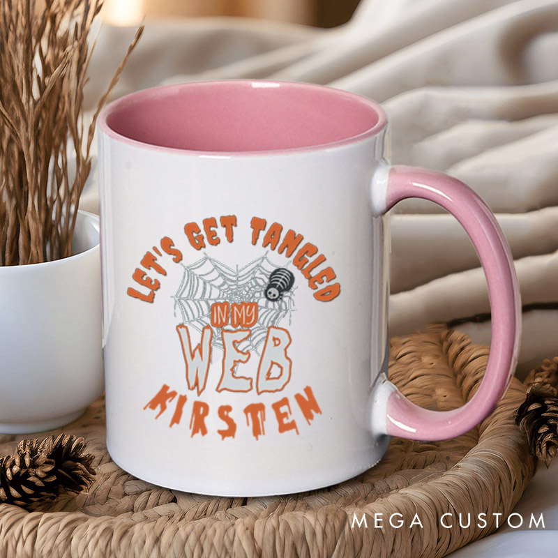 Personalized Rattle My Bone and Let's Get Tangled in My Web Halloween Couple Mugs