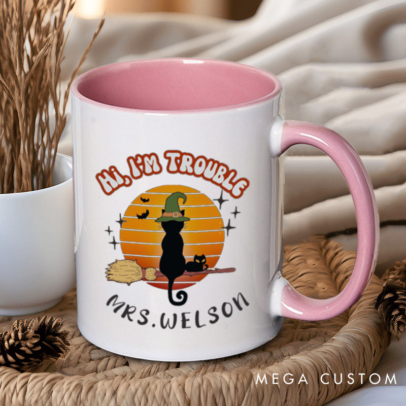 Personalized Trouble Follows Halloween Cat Couple Halloween Couple Mugs