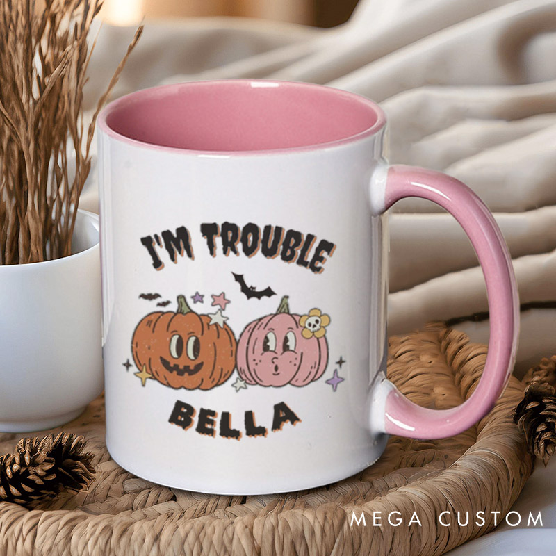 Personalized Where I Go Trouble Follows & I'm Trouble Pumpkin Halloween Couple Mugs