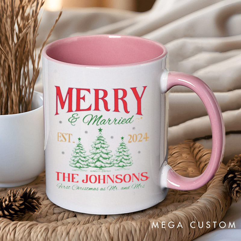 Personalized Joyful Merry and Married the First Christmas as Mr and Mrs Couple Mugs
