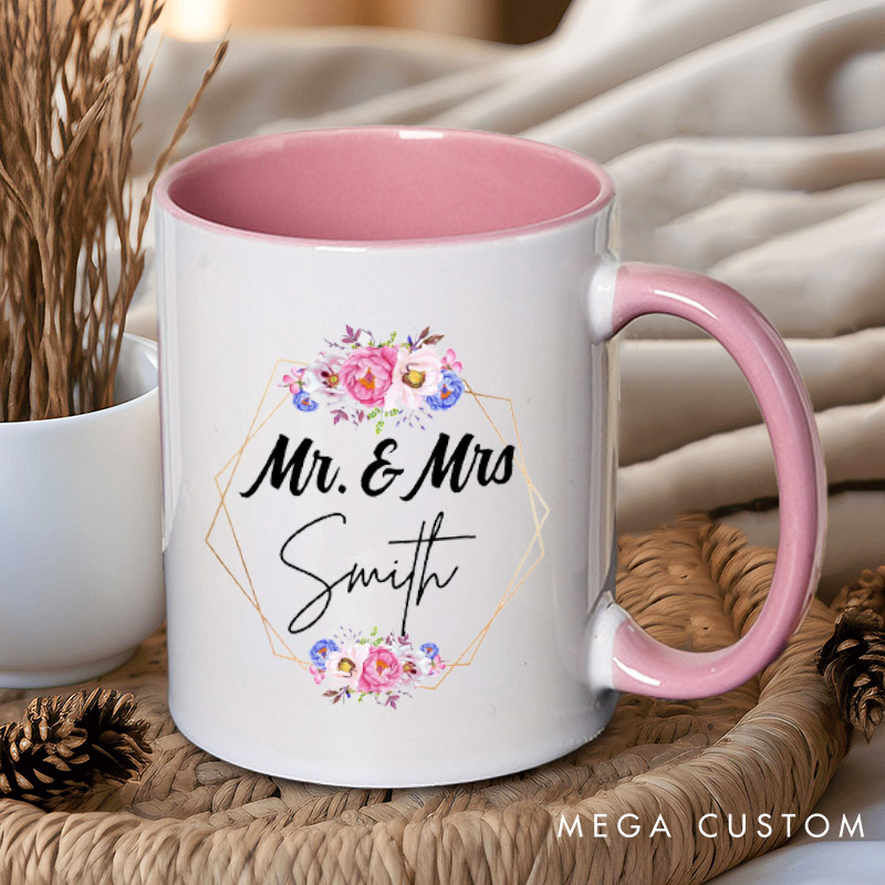 Personalized Geometric Frame with Watercolor Floral Mr and Mrs Wedding Couple Mugs