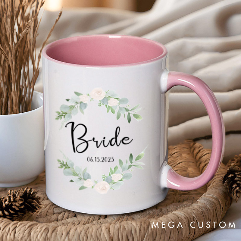 Personalized Elegant Floral Wreath Bride and Groom Matching Wedding Couple Mugs