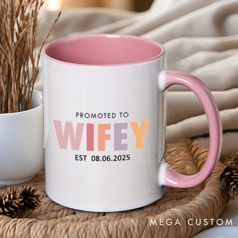 Personalized Playful Promoted to Hubby and Wifey Matching Wedding Couple Mugs