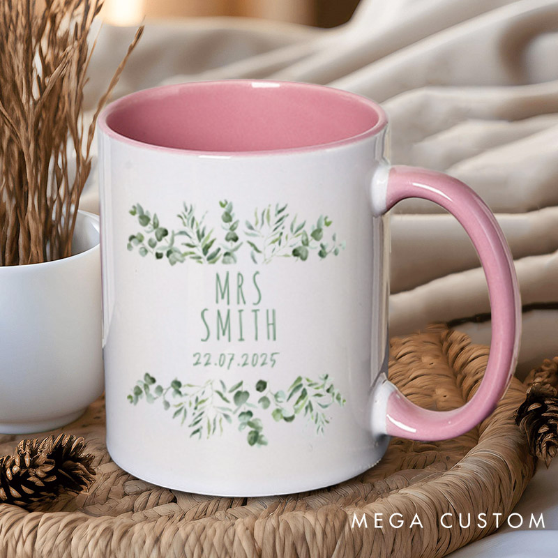 Personalized Elegant Botanical Mr and Mrs Wedding Couple Mugs